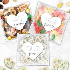 Favorites Wedding Favor Bags - Set of 15 His/Hers/Ours heart stickers, add on clear favor bags - Perfect for hotel welcome bags