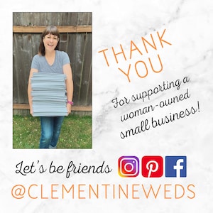 Photo of shop owner Brittany holding a huge stack of shipping envelopes, with a big smile!  Text overlay reads: Thank You for supporting a woman-owned small business! Let's be friends @clementineweds. Social media icons for Instagram, Pinterest, and Facebook are also included.