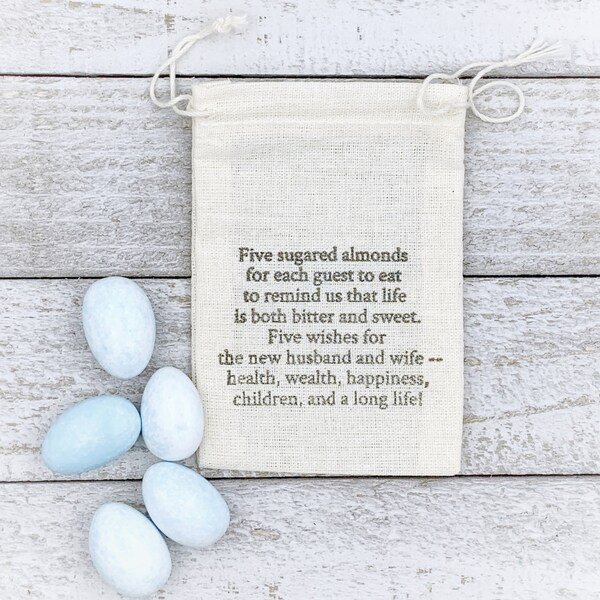 Jordan Almond favor bags with Italian traditional poem - Hand stamped cloth favor bags, sugared almond favor bags - Gift for guests