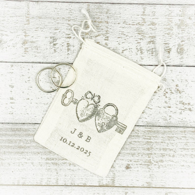 Personalized Wedding Ring Bag, Elopement or Proposal Idea Rustic cotton ring bag for ring warming, ring bearer Cloth ring holder image 1