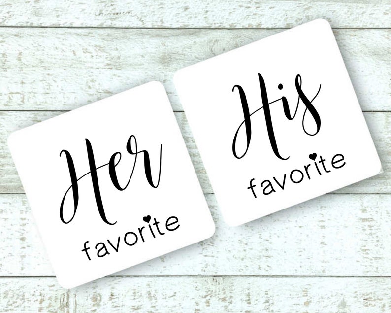 His and Her Favorite wedding favors, 10 His & 10 Hers, stickers for hotel welcome bags, shower gifts, bulk wedding favors, gift for guests image 7