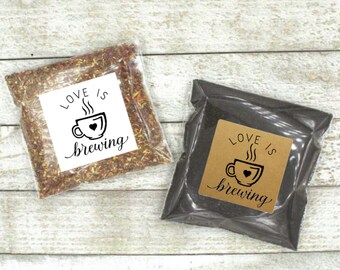 Coffee or Tea Favor Stickers for Wedding, Party, Shower - Love is Brewing, square stickers with optional favor bags, gift for guests