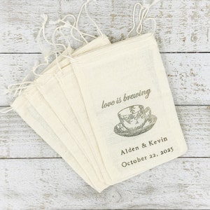 Personalized Tea Favor Bags for Wedding, Shower, Engagement Party - Love is Brewing, Bridal tea, cloth favor bag, tea gifts for guests