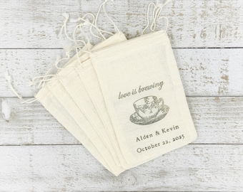 Personalized Tea Favor Bags for Wedding, Shower, Engagement Party - Love is Brewing, Bridal tea, cloth favor bag, tea gifts for guests