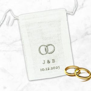 Sac personnalisé pour alliances - pochette en coton estampée à la main, porte-alliances ou bague de préchauffage, décoration de cérémonie, souvenir des mariés