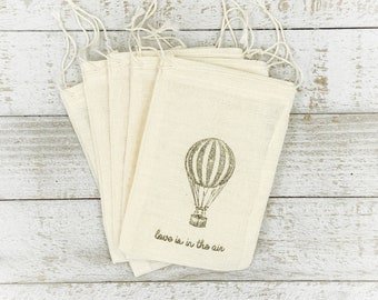 Favor Bags for Wedding, Shower or Party - Drawstring cloth gift bags, Hot air balloon, love is in the air - Rustic gift wrap for guests