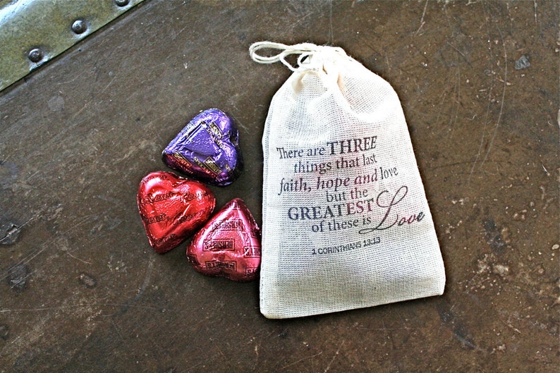 Favor Bags for Wedding, Shower or Party Cotton drawstring gift bags, First Corinthians text Christian wedding, religious, church wedding image 2