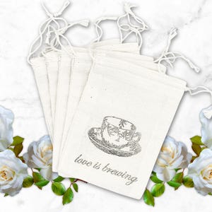Hand Stamped Tea Favor Bags – Love Is Brewing Teacup Design – Eco Friendly Cloth Wedding Favors, Bridal Shower or Tea Party Gift Bags