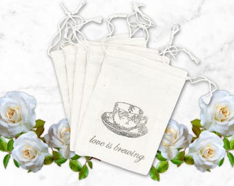Hand Stamped Tea Favor Bags – Love Is Brewing Teacup Design – Eco Friendly Cloth Wedding Favors, Bridal Shower or Tea Party Gift Bags