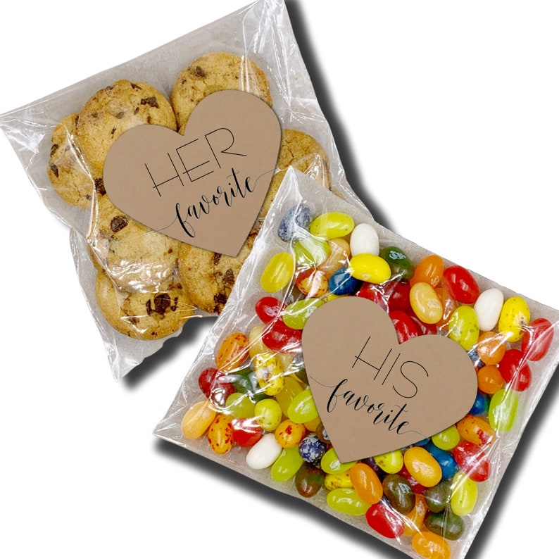 His and Her Favorite Wedding Favor Bags Heart shaped stickers, add on clear favor bags Perfect for hotel welcome bags, bulk guest gifts image 4