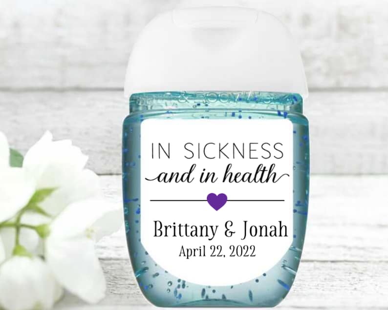 Wedding Favor Labels 30 Personalized Mini Sanitizer Labels for Wedding, Shower, Elopement Sickness and Health PocketBac sized image 1