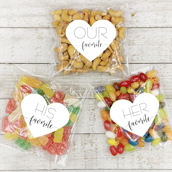 Favorites Wedding Favor Bags - Set of 15 His/Hers/Ours heart stickers, add on clear favor bags - Perfect for hotel welcome bags