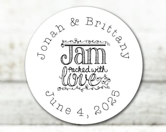 Personalized Jam Stickers for Wedding, Shower, or Party - Jam Packed with Love, Set of 63, 1 inch labels, mini jar labels for guest gift