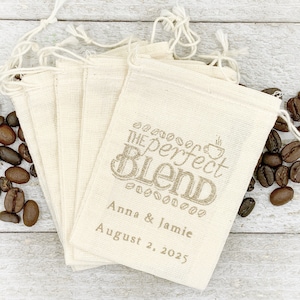 Personalized Coffee Favor Bags for Wedding, Shower, Party The Perfect Blend, hand stamped cotton drawstring bags for coffee gift for guests image 1