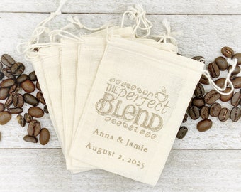 Personalized Coffee Favor Bags for Wedding, Shower, Party- The Perfect Blend, hand stamped cotton drawstring bags for coffee gift for guests