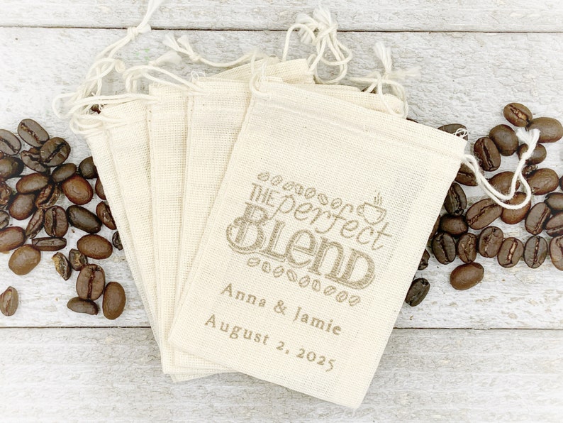 Personalized Coffee Favor Bags for Wedding, Shower, Party The Perfect Blend, hand stamped cotton drawstring bags for coffee gift for guests image 1