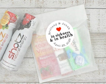 Wedding Recovery Kits - In Sickness and In Health, 20 Personalized Stickers with favor bags, hangover kit, hotel welcome bags