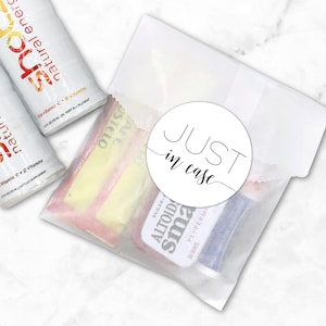 Wedding Favor Kits, Just in Case - 20 Stickers with optional bags - Hangover or recovery kit, overnight necessities for hotel welcome bags