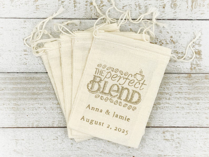 Personalized Coffee Favor Bags for Wedding, Shower, Party The Perfect Blend, hand stamped cotton drawstring bags for coffee gift for guests image 5