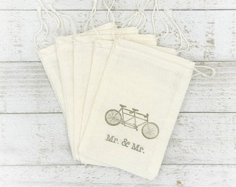 Mr and Mr Favor Bags for Wedding, Shower, Engagement - Cotton gift bags with tandem bike - Gay, same sex wedding, gift for party guests