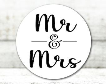 Mini Mr & Mrs stickers for Wedding, Shower, or Party - 63 favor labels, 1 inch round - Bridal shower, Engagement, gift for guests