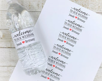 Personalized Water Bottle Labels - Sheet of 7 Stickers for Hotel Welcome Bags, out of town guest gift bags or boxes, custom heart colors