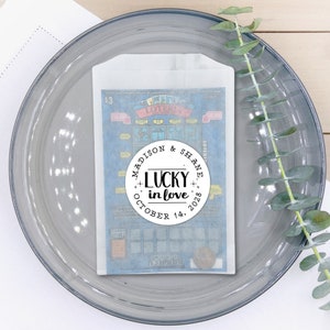 Lottery Ticket Holders - Unique gift for wedding, party, or shower guests - Bulk stickers and bags for lotto scratcher favors, Lucky in Love