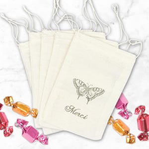Hand Stamped Favor Bags for Wedding, Shower, or Party -  Merci gift bags with vintage butterfly - Eco Friendly Gift Wrap for Party Guests
