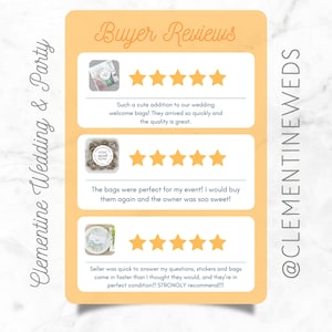 Buyer reviews for Clementine Weddings.  Three five-star reviews are shown.  #1 Just in Case labels: Cute addition to our wedding welcome bags!  #2 Realtor labels: Perfect for my event. Owner was so sweet! #3 Lottery Ticket Labels: Strongly recommend!
