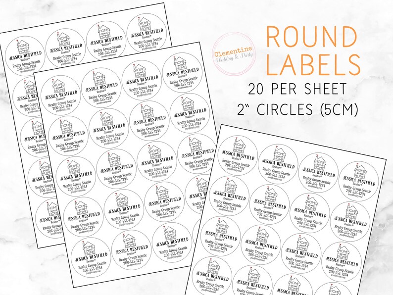 Three full sheets of favor labels displayed on a white marble background.  Overlay text: 'Round labels, 20 per sheet, 2" circles (5cm)'
