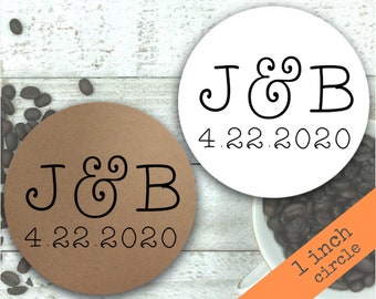 Personalized Stickers for Wedding, Party, Shower - 63 labels, 1 inch round - Initials and date, White or Kraft Brown, small favor stickers