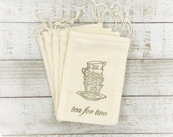 Favor Bags for Wedding, Shower, or Party - Hand stamped cotton favor bags - Tea for Two, vintage teacups, tea party favors, gift for guests