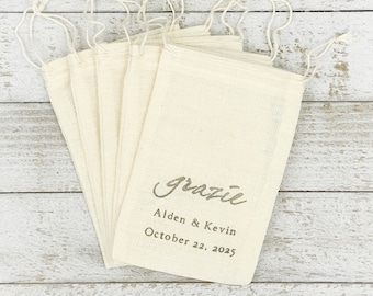 Italian favor bags for wedding, shower, party - Personalized cotton bags - Hand stamped Grazie design, perfect for Jordan almond favors