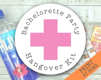 PRINTABLE STICKERS Bachelorette Party Hangover Kit - Funny stickers for Hen party, Girls Night Out, Bridal Shower - Pink cross gift tags