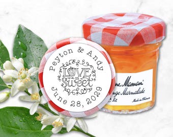 Jam Favor Labels - Mini Stickers for Wedding or Party - 1.5 inch Love is Sweet, mini jam jar tags for guest gifts, bulk preserves favors