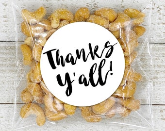Thank You Labels - 20 round stickers, Thanks Y'all, Southern wedding or party favor tag, envelope seal, bulk gift for guests