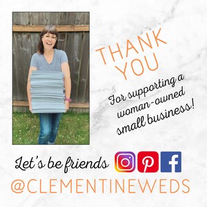Photo of shop owner Brittany holding a huge stack of shipping envelopes, with a big smile!  Text overlay reads: Thank You for supporting a woman-owned small business! Let's be friends @clementineweds. Social media icons for Instagram, Pinterest, and Facebook are also included.
