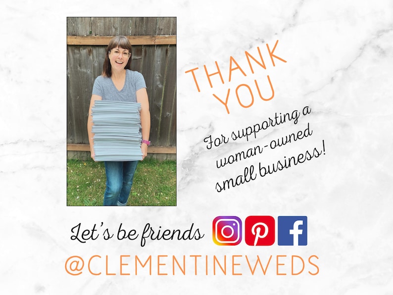 Photo of shop owner Brittany holding a huge stack of shipping envelopes, with a big smile!  Text overlay reads: Thank You for supporting a woman-owned small business! Let's be friends @clementineweds. Social media icons for Instagram, Pinterest, and Facebook are also included.