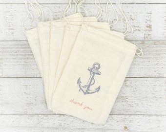 Nautical Favor Bags for Wedding or Party - Cotton gift bags, vintage style anchor, Thank You, blue and red, Hand stamped, cloth favor bag