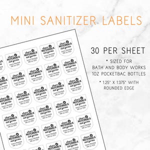 A sheet of 30 white, round-edged labels with black text that reads "share referrals not germs" and includes a house icon, a name, and a phone number. Overlay text: ‘MINI SANITIZER LABELS - 30 per sheet - Sized for Bath and Body Works 1oz PocketBac bottles - 1.25” x 1.375” with rounded edge’