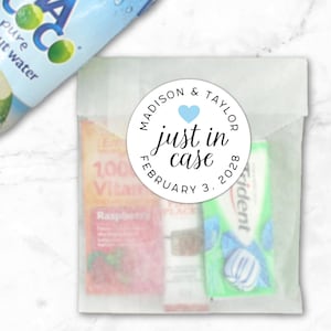 Wedding Favor Kits - Personalized Stickers with optional bags, Just in Case - hangover kit, hotel welcome bags, bulk gift for guests