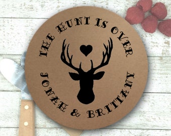 Rustic Favor Labels for Wedding, Shower, or Party -  20 personalized stickers, 2 inch round, The Hunt is Over, Woodland, hunting, deer head