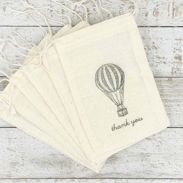 Favor Bags for Wedding, Party, or Shower - Hand stamped cotton gift bags with hot air balloon, baby or bridal shower, birthday party favor