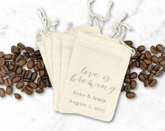 Personalized Gift Bags for Wedding, Shower, or Party - Coffee or tea favor bags, modern script Love is Brewing, hand stamped, guest gift