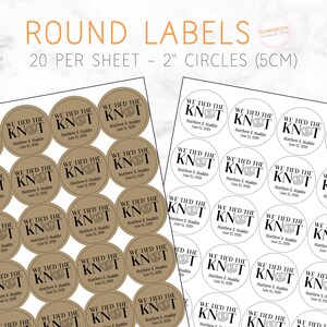 Two sheets of favor labels displayed on a white marble background.  One has kraft brown labels, the other has white labels.  Label design: We tied the KNOT with O replaced by a cute pretzel graphic.  Overlay text: 'Round labels, 20 per sheet, 2" circles (5cm)'Overlay text: 'Round labels, 20 per sheet, 2" circles (5cm)'