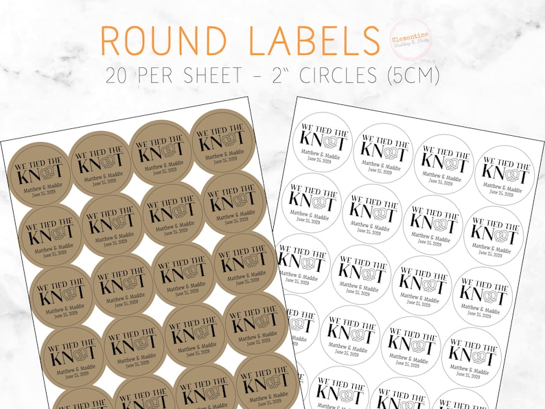 Two sheets of favor labels displayed on a white marble background.  One has kraft brown labels, the other has white labels.  Label design: We tied the KNOT with O replaced by a cute pretzel graphic.  Overlay text: 'Round labels, 20 per sheet, 2" circles (5cm)'Overlay text: 'Round labels, 20 per sheet, 2" circles (5cm)'