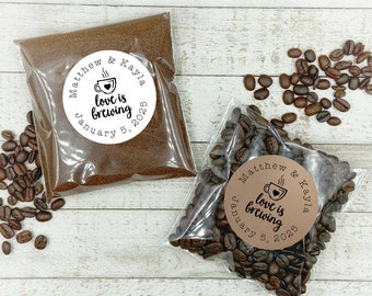 Coffee or Tea Favor Stickers for Wedding, Party, Shower - Love is Brewing, personalized stickers with optional favor bags for coffee or tea