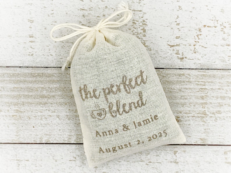 Personalized Coffee or Tea Favor Bags Cotton favor bags for wedding, shower or party The Perfect Blend, hand stamped gift bag for guests image 10