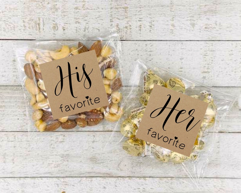 His and Her Favorite wedding favors, 10 His & 10 Hers, stickers for hotel welcome bags, shower gifts, bulk wedding favors, gift for guests image 4