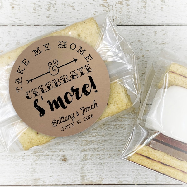 Smores Favor Packaging for Wedding, Shower, or Party - 20 personalized stickers, clear bags , S'mores gift for guests, Celebrate S'more